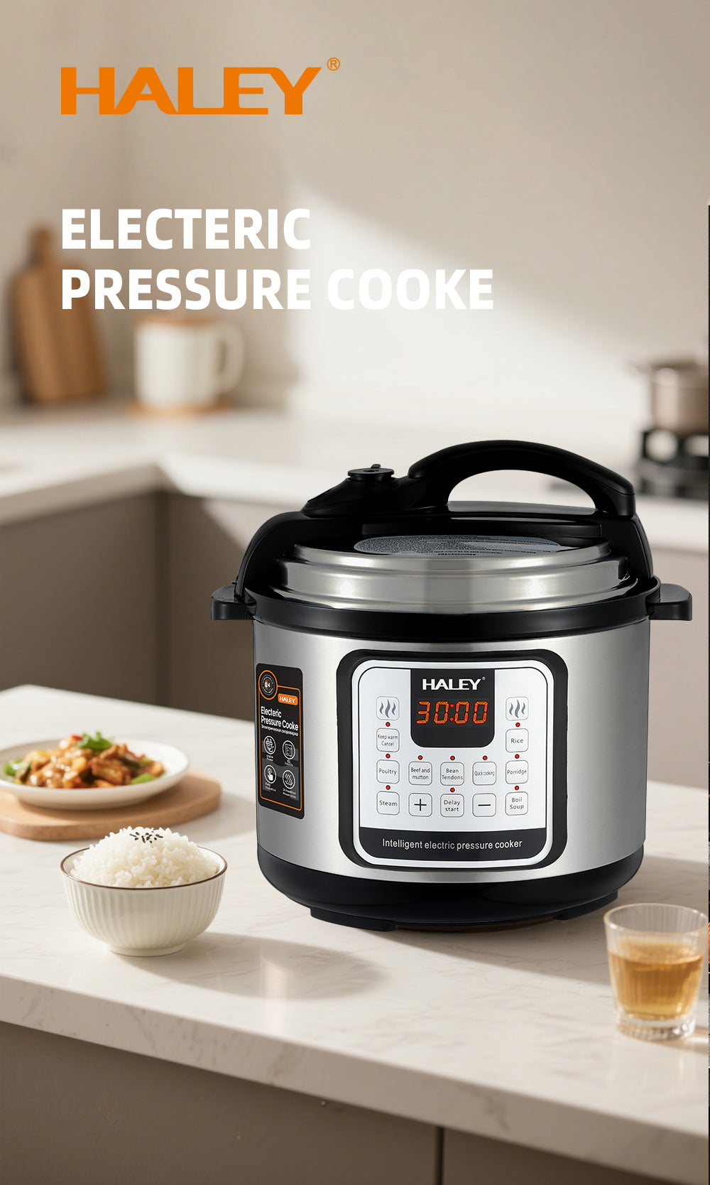 Oală Sub Presiune Electrică Multifuncțională HALEY 10 în 1, 1200W, 6L, Negru/Argintiu – Gătire Rapidă și Inteligentă